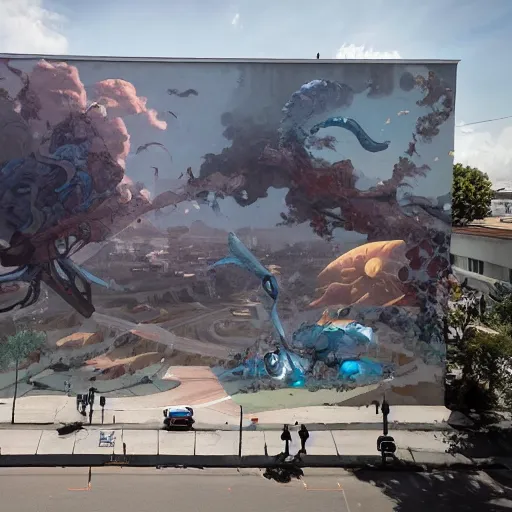 Prompt: massive street art mural by Peter Mohrbacher and James Jean and Craig Mullins and Ross Tran and Hiroshi Yoshida and Mark Simonetti