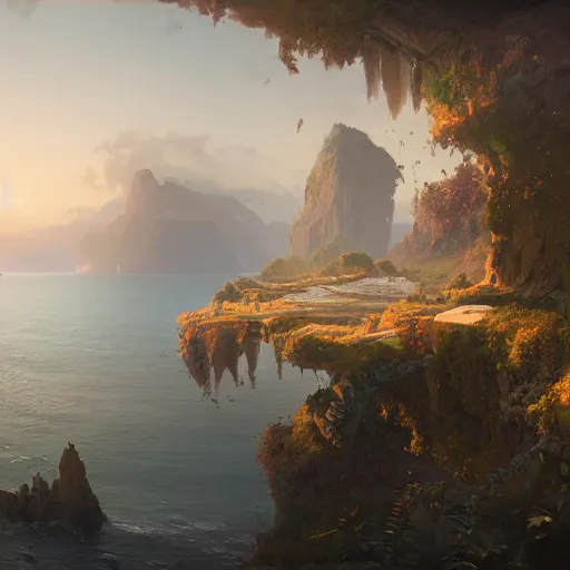 Prompt: a beautiful matte painting of beautiful render of a landscape the island of dreams : a place where all your deepest desires come true, unreal engine, first light, soft light, by greg rutkowski, cgsociety