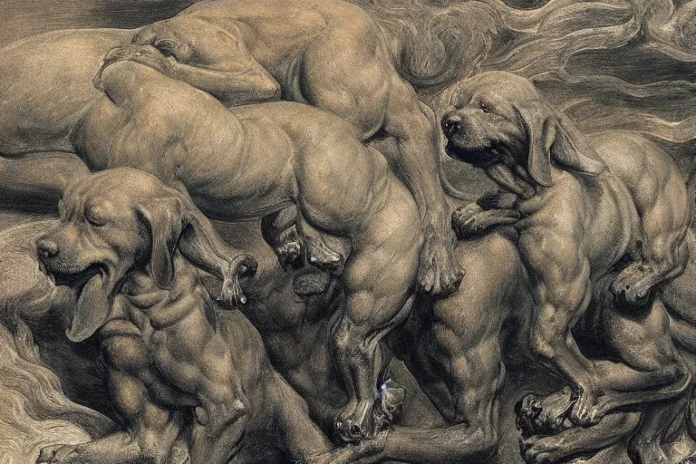 Image similar to hyperdetailed matte art of a three headed dog cerberus by william blake, ilya repin, amano, rene magritte, craig mullins, three headed dog cerberus, details