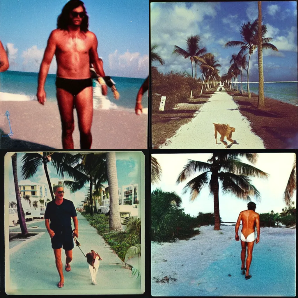 Prompt: Polaroid photo of Zeus walking in miami beach 1968, colored, award winning photo, very famous photo