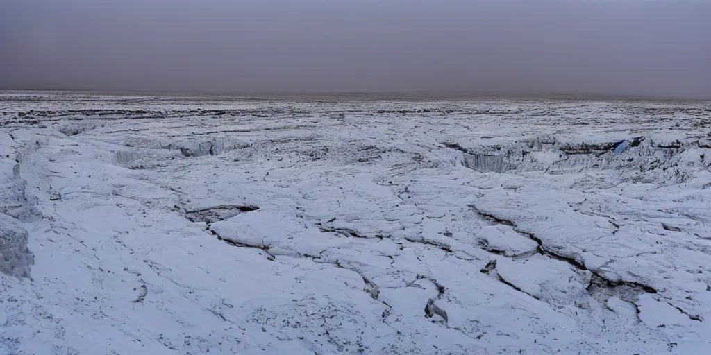 Image similar to photo of green river, wyoming cliffs covered in ice and snow, during a snowstorm. a old man in a trench coat and a cane appears as a hazy silhouette in the distance, looking back over his shoulder. cold color temperature. blue hour morning light, snow storm. hazy atmosphere. humidity haze. kodak ektachrome, greenish expired film, award winning, low contrast.