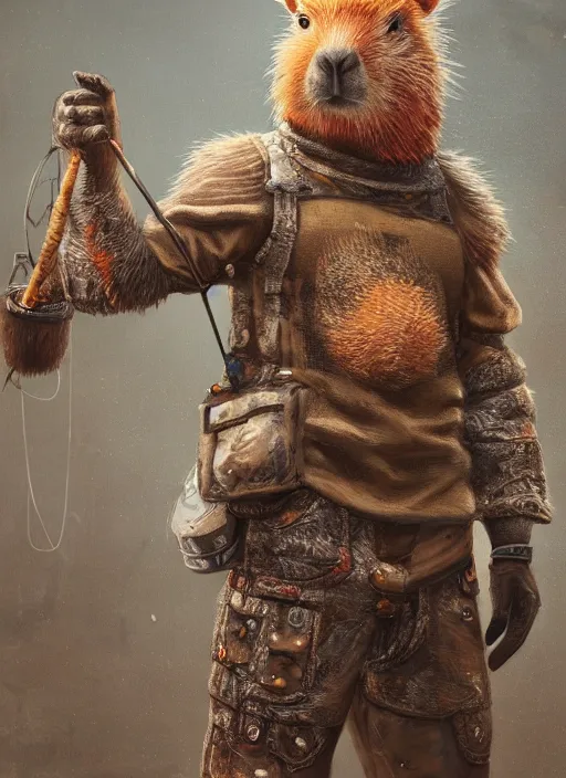 Image similar to detailed full body concept art illustration, soft focus, oil painting on canvas of an anthropomorphic capybara fisherman in full intricate clothing, biomutant, dystopian, micro detail, octane render, 4K