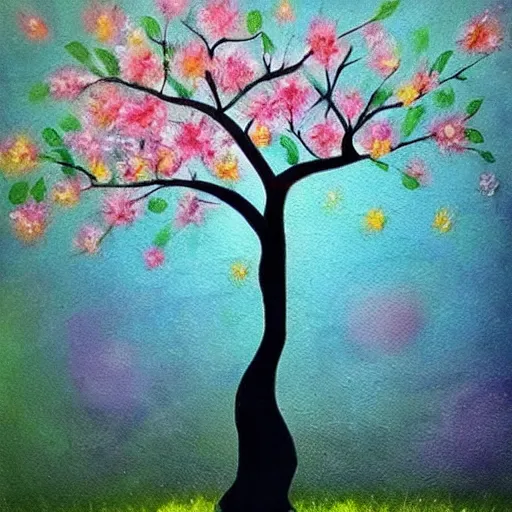 Prompt: a tree that grows around and protects a running girl, the girl cries and her tears feed the tree so it grows beautiful flowers, painting with soft colors, dark optimism