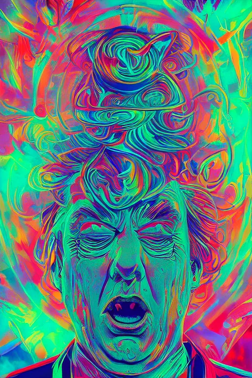Image similar to psychedelic portrait of trump drinking ayahuasca in a wormhole, psychedelic,, dramatic lighting, concept art, beautiful, artstation