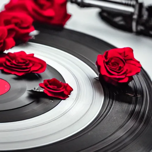 Image similar to red roses on a vinyl record, dark photograph