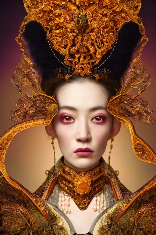 Image similar to a beautiful empress portrait, singular subject, with a brilliant, impossible striking big cosmic galaxy headpiece, clothes entirely made out of cosmos chaos energy, symmetrical, dramatic studio lighting, rococo, baroque, jewels, asian, hyperrealism, closeup, D&D, fantasy, intricate, elegant, highly detailed, digital painting, artstation, octane render, 8k, concept art, matte, sharp focus, illustration, art by Artgerm and Greg Rutkowski and Alphonse Mucha