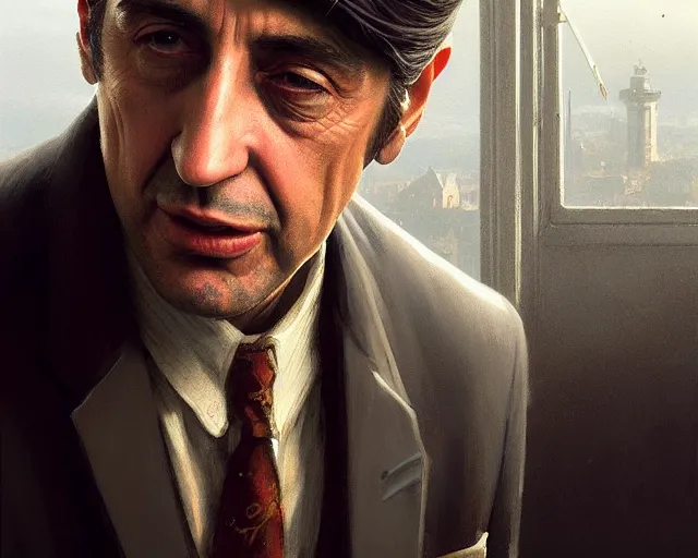 Prompt: highly detailed portrait of young al pacino as vito scaletta, in mafia 2, stephen bliss, unreal engine, fantasy art by greg rutkowski, loish, rhads, ferdinand knab, makoto shinkai and lois van baarle, ilya kuvshinov, rossdraws, tom bagshaw, global illumination, radiant light, detailed and intricate environment