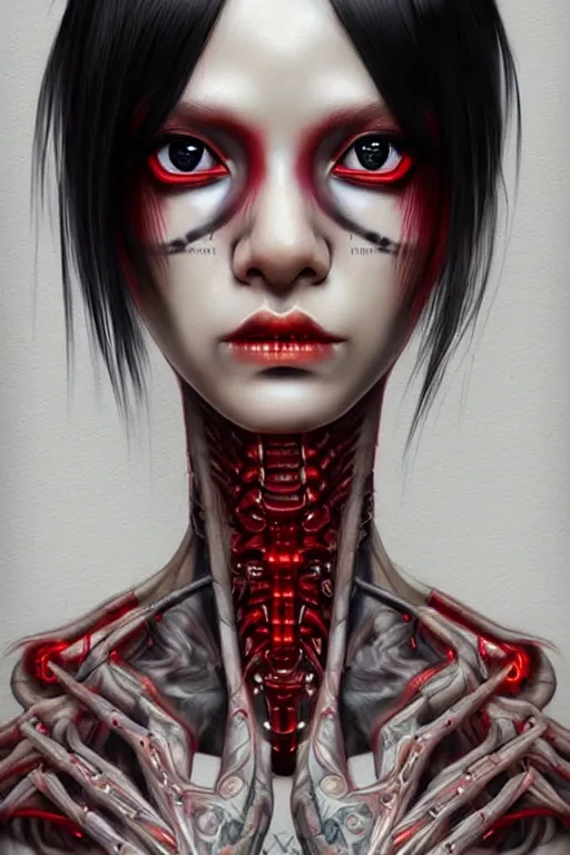 Image similar to gorgeous!! hyper - realistic demon girl with tan skin, short black hair, long bangs, red eyes, tattoos, cybernetic implants | wearing modern streetwear, techwear | intricate, digital painting, illustration, photorealistic, grunge, ultra graphics | drawn by wlop, drawn by jeehyung lee, drawn by argerm