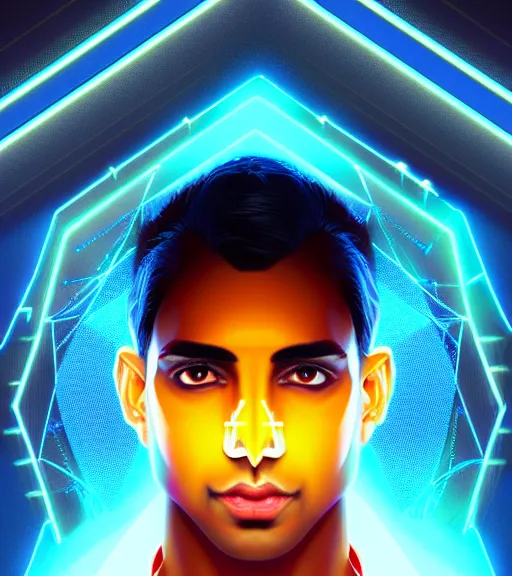 Image similar to symmetry!! indian prince of technology, solid cube of light, hard edges, product render retro - futuristic poster scifi, lasers and neon circuits, brown skin handsome indian prince, intricate, elegant, highly detailed, digital painting, artstation, concept art, smooth, sharp focus, illustration, dreamlike, art by artgerm