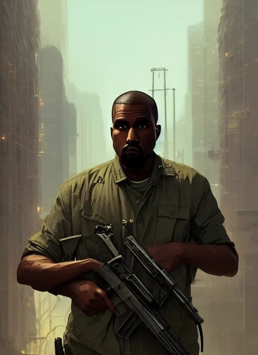 Image similar to highly detailed portrait kanye holding ak 4 7 in gta v stephen bliss unreal engine fantasy art by greg rutkowski loish rhads ferdinand knab makoto shinkai lois van baarle ilya kuvshinov rossdraws tom bagshaw global illumination radiant light detailed intricate environment