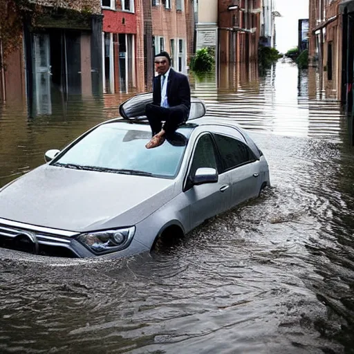 Image similar to A photo of a man in suit sitting on the top of a car in a flooded street, looking at his phone