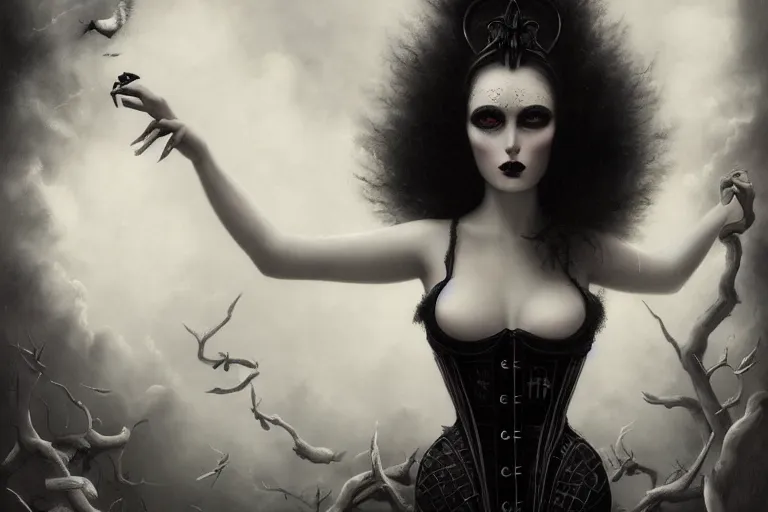 Image similar to By Tom Bagshaw, ultra realist soft painting of curiosities carnival by night, very beautiful horn single female gothic wearing corset closed eyes, symmetry accurate features, very intricate details, omnious sky, black and white, volumetric light clouds