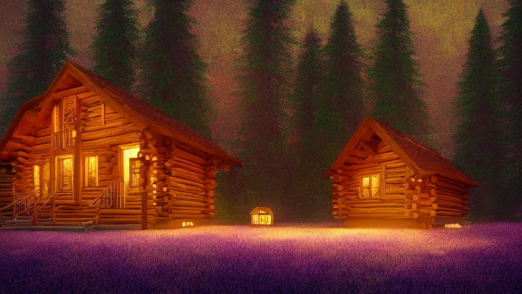 Image similar to portrait of an ethereal log cabin made of golden purple and green light, evergreen forest, divine, cyberspace, mysterious, dark high-contrast concept art, 3D render