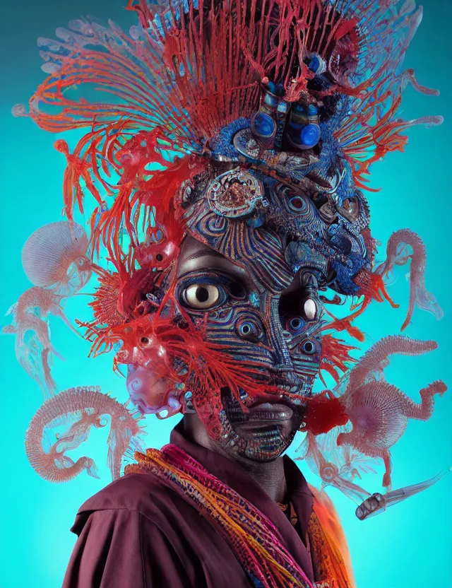 Image similar to 3 d witch doctor portrait. beautiful intricately detailed african mask and clasical japanese kimono. betta fish, jellyfish phoenix, bio luminescent, plasma, ice, water, wind, creature, artwork by tooth wu and wlop and beeple and greg rutkowski