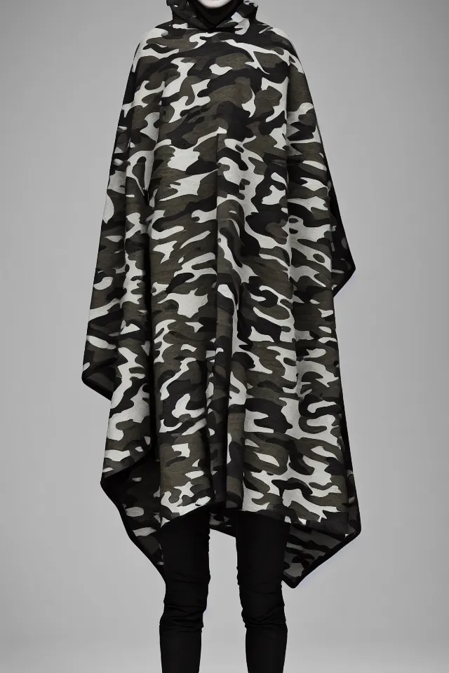 Prompt: fashion design, tactical camouflage poncho by alexander mcqueen and acronym, rim light, high key, ultra detailed