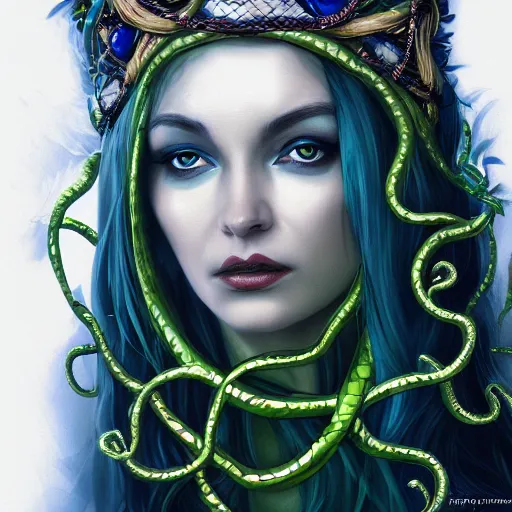 Prompt: detailed portrait of the queen of snakes, realism, pale blue, emerald, sapphire, wearing a crown of vines, nest of vipers, moonlit, dark fantasy, dramatic lighting, cgsociety, artstation