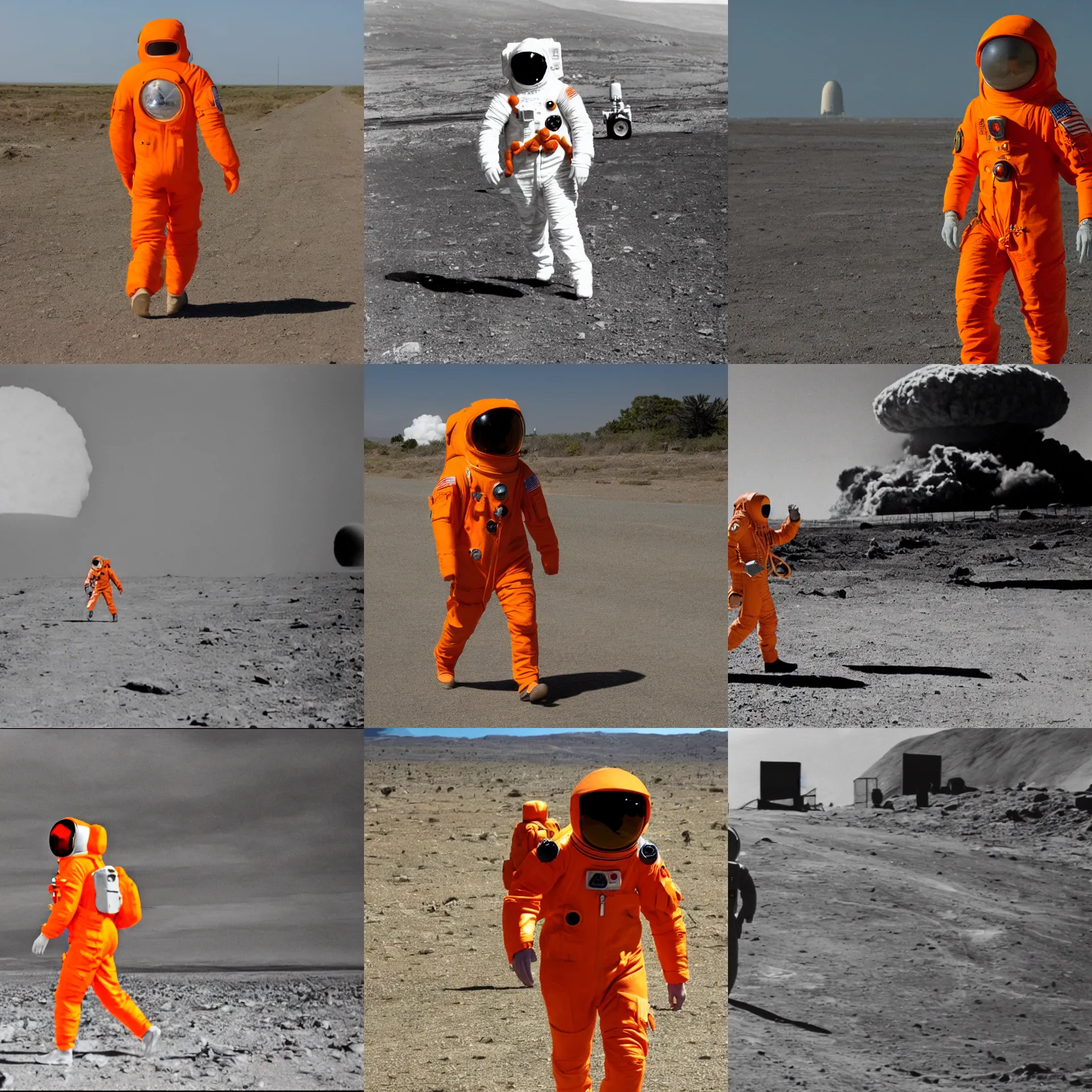 Prompt: a man wearing an orange astronaut suit walking and approaching to the cámara while a nuclear explosion it's occurring in the background