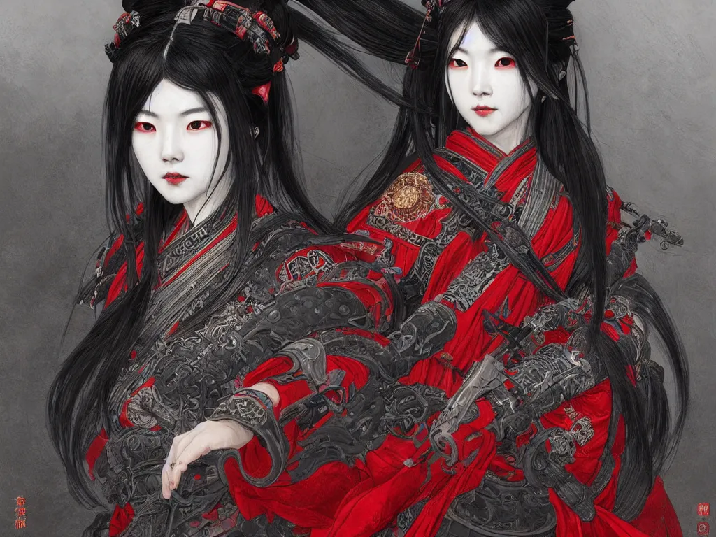 Image similar to portrait dark grey hair han so hee female samurai, wearings black and red samurai armor, at jaapnese temple night, ssci - fi and fantasy, intricate and very very beautiful and elegant, highly detailed, digital painting, artstation, concept art, smooth and sharp focus, illustration, art by tian zi and wlop and alphonse mucha