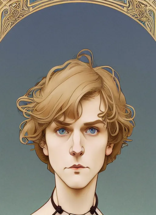 Image similar to art nouveau portrait of a pretty young man with short light brown straw blond hair, light blue eyes, sad expression, scared, head down, shy and demure, wearing a choker collar, natural lighting, path traced, highly detailed, high quality, cartoon, digital painting, by don bluth and ross tran and studio ghibli and alphonse mucha