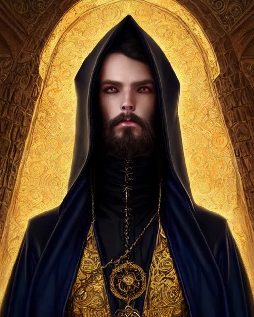 Image similar to handsome mage looking away, long black hair blue eyes wearing leather mantle gothic navy cloak with gold details, castle town, fantasy character portrait, ultra realistic, intricate, elegant, cinematic lighting, highly detailed, digital painting, artstation, smooth, sharp, focus, illustration, art by artgerm and greg rutkowski and alphonse mucha