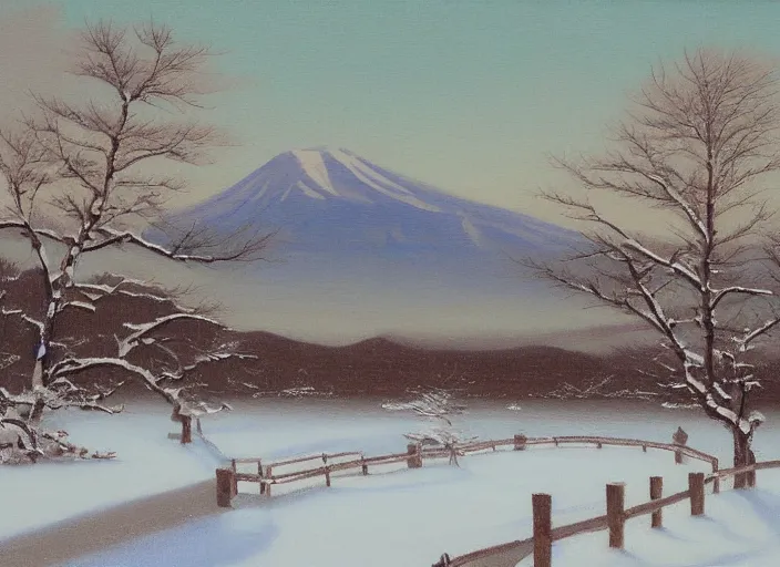 Image similar to hokkaido in winter, japan in the style of hudson river school of art, oil on canvas