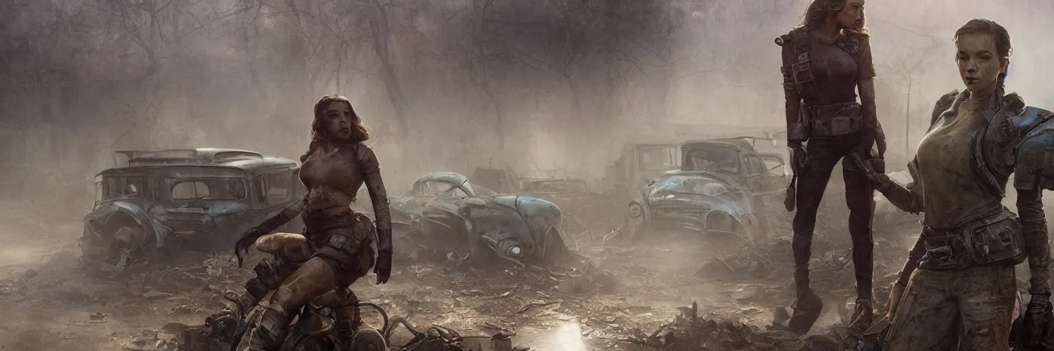 Prompt: fallout 5, backpacking female protagonist in a ruined city environment, rusted vintage cars and trucks, mysterious atmospheric lighting, matte painting, intricate, iridescent, volumetric lighting, beautiful, rich deep colours masterpiece, fog, golden hour, sharp focus, ultra detailed, by leesha hannigan, ross tran, thierry doizon, kai carpenter, ignacio fernandez rios