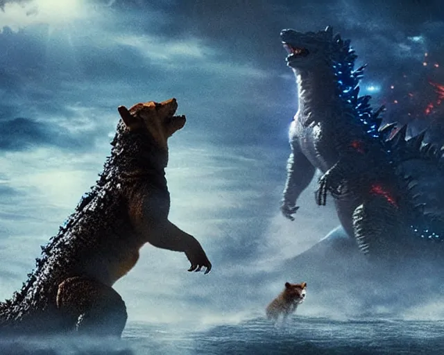 Image similar to godzilla as a shiba inu in a Godzilla: King of the Monsters still film directed by Christopher Nolan, shooting beams from its mouth and toppling over cities, epic action scene