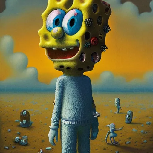 Image similar to spongebob squarepants in style of zdzisław beksinski, standing in wasteland, horror art, creepy, desolate, spongebob, spongebob, spongebob, spongebob