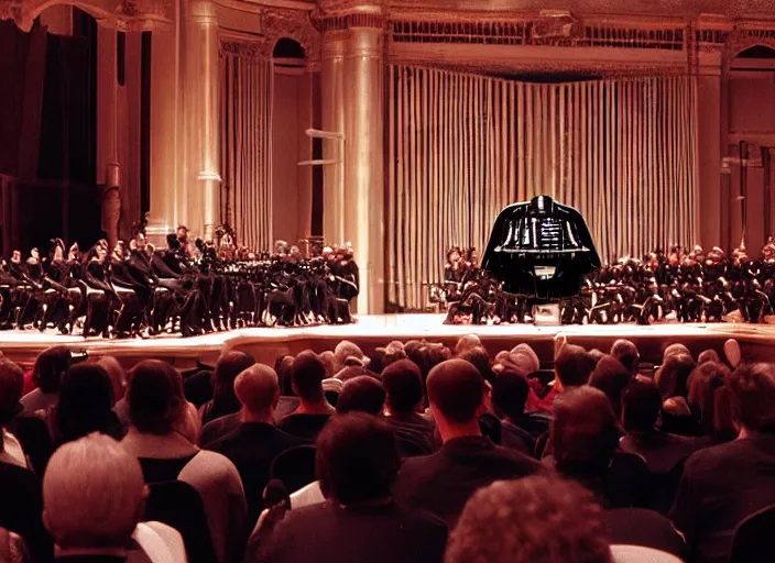 Image similar to film still of Darth Vader conducting an orchestra live at Heinz hall, 4k