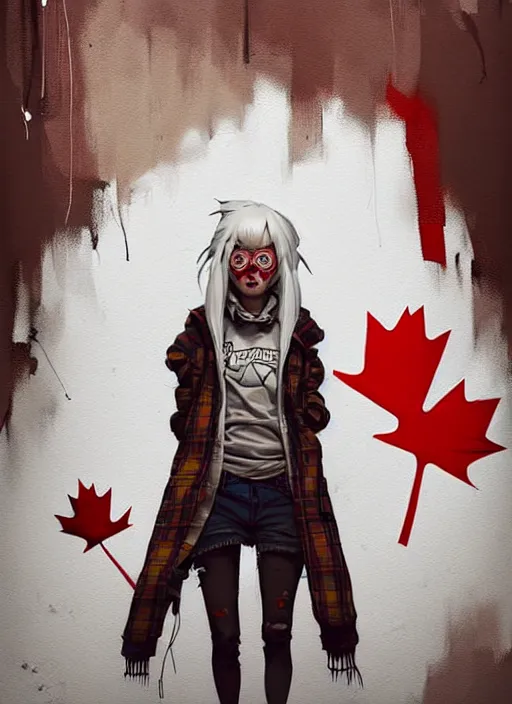 Image similar to highly detailed portrait of a sewer punk canadian lady, tartan hoody, white hair by atey ghailan, by greg rutkowski, by greg tocchini, by james gilleard, by joe fenton, by kaethe butcher, gradient red, brown, blonde cream and white color scheme, grunge aesthetic!!! ( ( graffiti tag wall background ) )