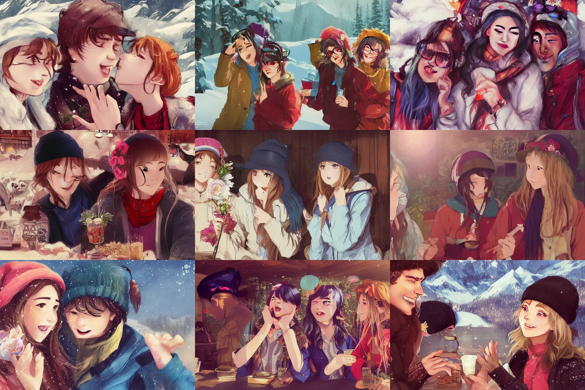 Prompt: a cinematic joyous closeup moment of two school friends enjoying life in a ski cafe and visiting wearing boho clothing peonies, boy girl traditional romance,full body portrait,artwork by doja cat, charlie bowater, waterhouse,greg rutkowski, wong kar wai, bestselling movie poster, official media, pixiv, 1990s fashion, official anime media, artstation consept