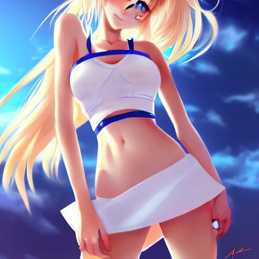 Prompt: tiny father a tall daughter picture : a very beautiful young blond anime girl, bright face, sky blue eyes, bikini, white miniskirt, highly detailed, cinematic wallpaper by stanley artgerm lau