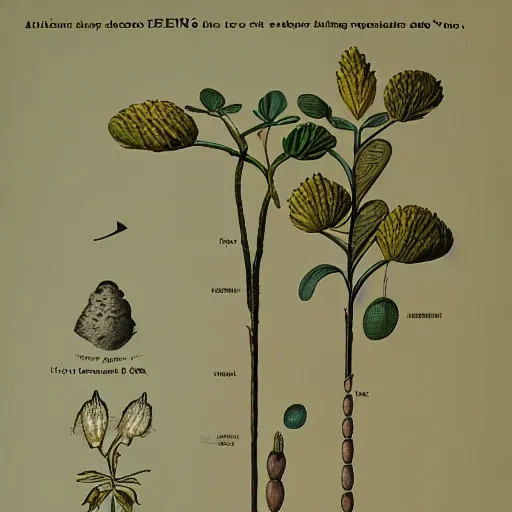 Prompt: scientific illustration of an alien plant brought back from venus showing tuber, leaves, and flowering stalk.