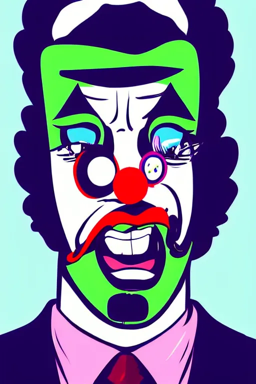 Prompt: detailed display twitter guy wearing an blouses with clown mask. pop art, gta vice city art style, face and body features, ultra realistic details, digital art, concept art, smooth art, sharp focus, illustration, intecrate details, elegant, confident posse, art by mark millar and richard hamilton and mimmo rottela