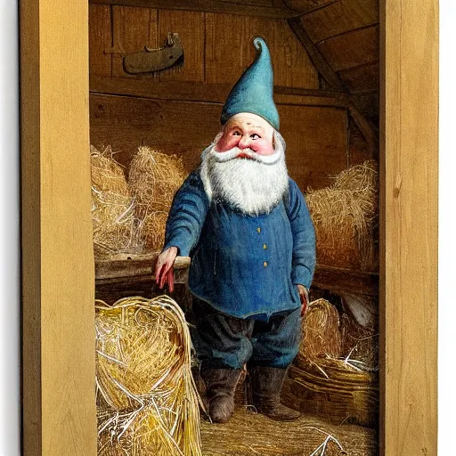 Prompt: oil painting of scandinavian gnome in barn, winter clothes, very very very very very beautiful art, american romanticism by carl larsson, firewood and hay, masterpiece, realistic and detailed