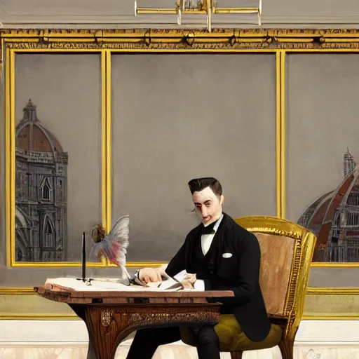 Prompt: Detailed matte painting glamour shot of a dapper male sitting at a desk with fancy meal by Karol Bak and Thomas Eakins, centered, inside interior Victorian art deco elegant dining room with large windows with view of Florence Italy by Lee Madgwick and Canaletto, by Beeple, unreal engine, trending on artstation behance 500px, Victorian, Calvin Coolidge, Famous artwork by Van Gogh hanging on walls, volumetric lighting, cinematic lighting, realistic lighting, detailed lighting, 4k hd wallpaper