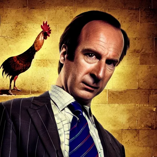 Image similar to saul goodman and a rooster in a saw movie torture chamber, saw movie jigsaw background, saul goodman, rooster, photo