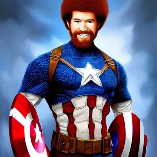 Prompt: bob ross as captain america painted by bob ross