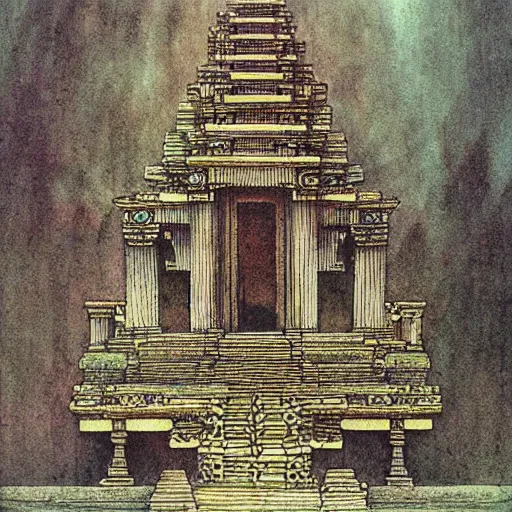 Prompt: highly detailed optical illusion of an ancient temple filled with magical energy by edmund dulac and android jones