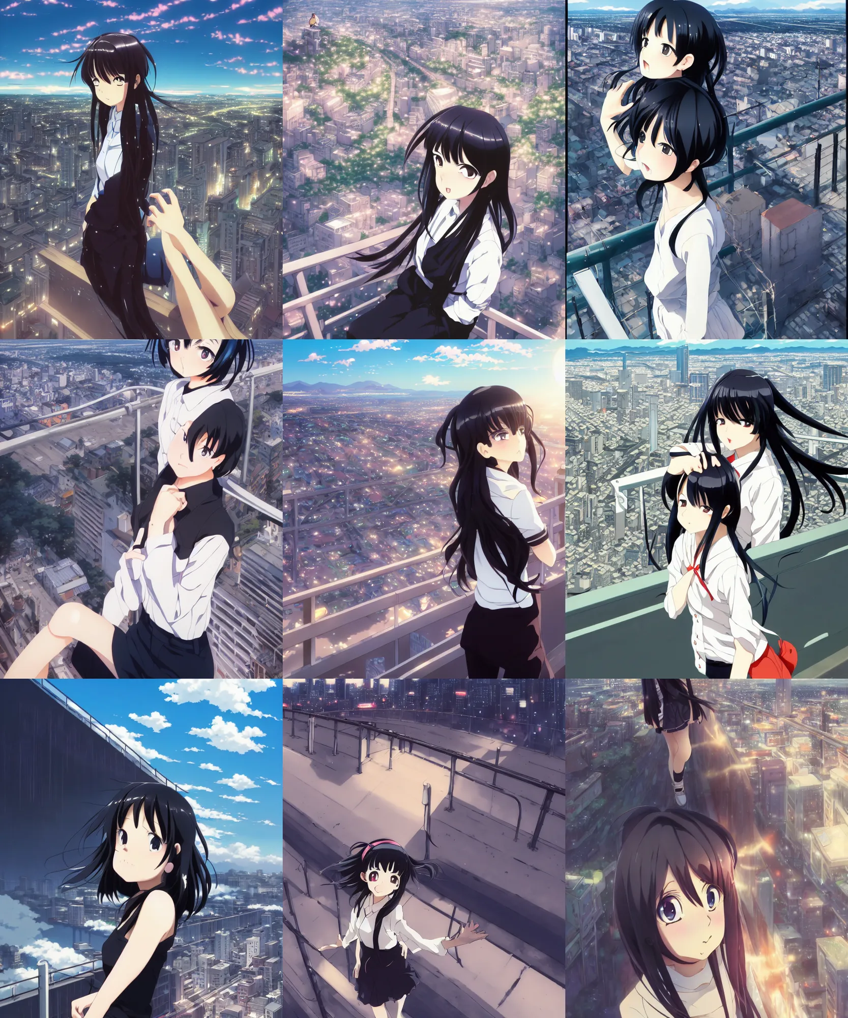 Prompt: anime visual, portrait of a young black haired female sightseeing above the city, guardrail, cute face by yoh yoshinari, katsura masakazu, dramatic lighting, dynamic pose, dynamic perspective, strong silhouette, ilya kuvshinov, anime cels, 1 8 mm lens, fstop of 8, rounded eyes, moody, detailed facial features