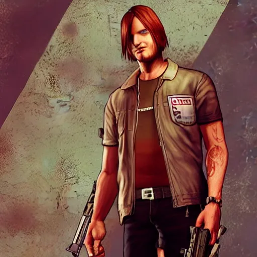 Prompt: Leon Kennedy in GTA 5, cover art by Stephen Bliss, boxart, loading screen