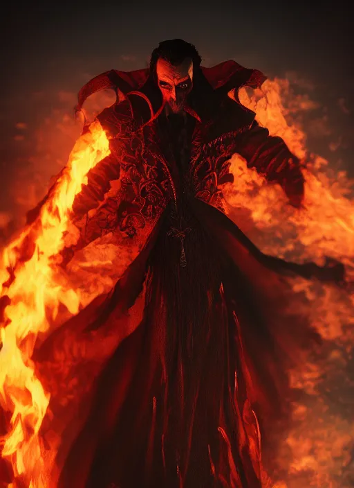 Image similar to dracula posing, flames, dark atmosphere, cinematic shot, intricate, ornate, photorealistic, ultra detailed, realistic, 1 0 0 mm, photography, octane, high definition, depth of field, realism, 8 k, artstation