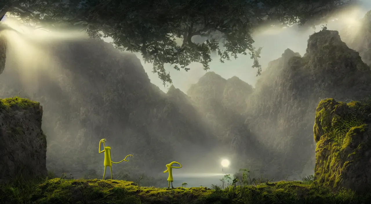 Image similar to photorealistic matte painting of mr burns of the simpsons standing far in misty overgrowth undergrowth jagged rock features volumetric fog light rays high contrast dawn