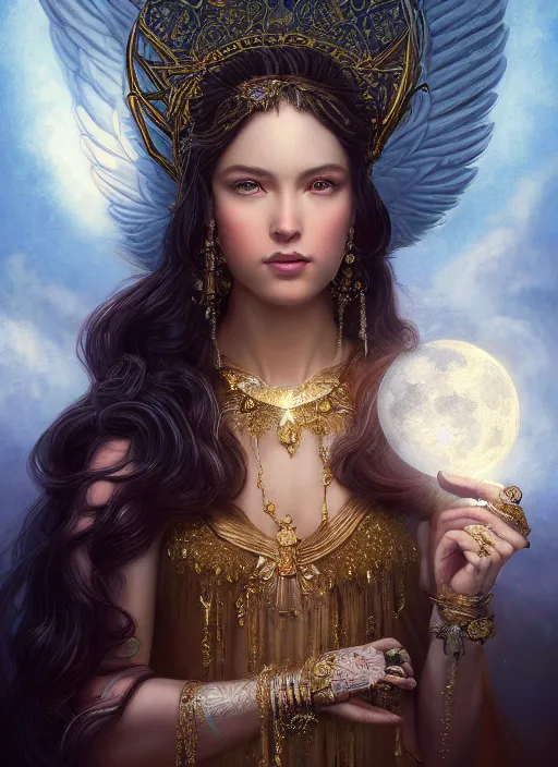 Image similar to A beautiful digital painting of a female angel full of jewels, princess, the moon behind her, intricate, cinematic lighting, highly detailed, digital painting, Artstation, concept art, smooth, sharp focus, illustration, art by Tom Bagshaw, Artgerm and Greg Rutkowski