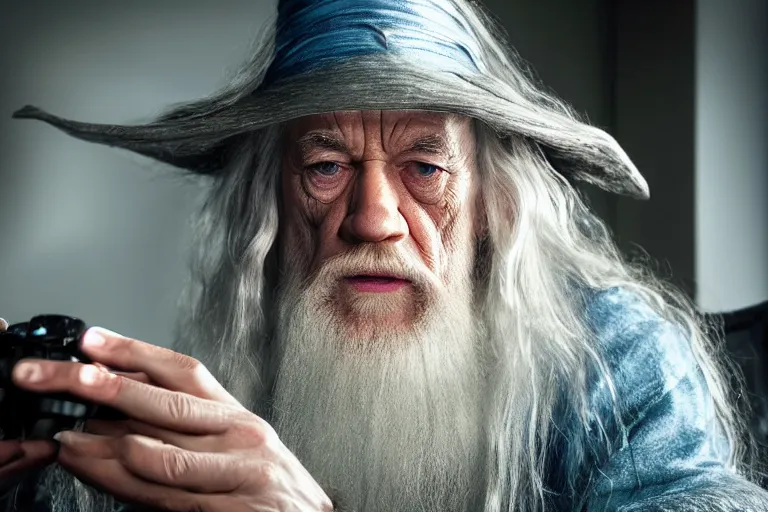 Image similar to gandalf intensely focused playing Call of Duty on the xbox, sitting in a gamers chair, close up of face, high details, wrinkles, reflection in his eyes, shadows, low angle photograph, blue light from monitor, dark room, cold colors, photo by annie leibovitz