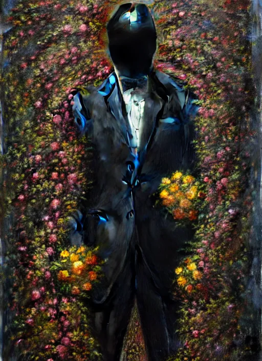 Prompt: an man in a black suit with a head made of flowers and roots, no face, intricate, highly detailed, concept art, hyperrealistic, oil painting by greg staples, 8 k