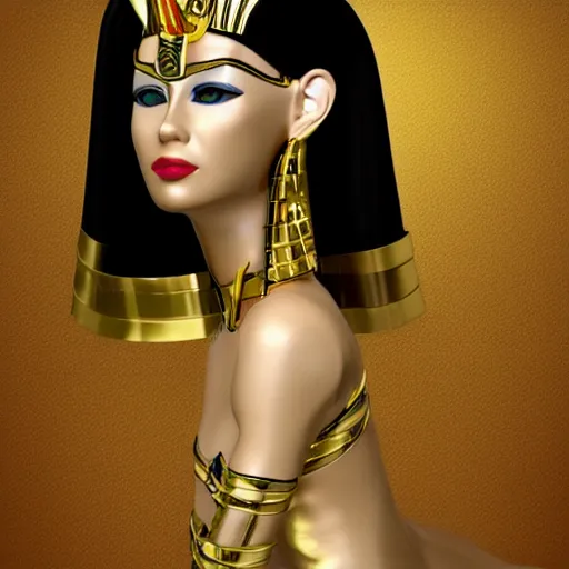 Image similar to egyptian, anthropomorphic cat woman, stylish, with gold elements, model elegant