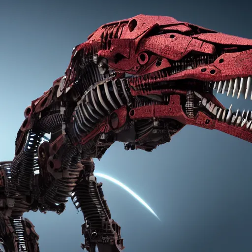 Image similar to still of a cyborg T-Rex, red eyes, robotic extended arms, 4k, film grain
