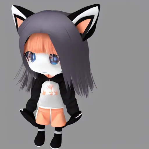 Prompt: cute fumo plush of a foxgirl in a hoodie, anime girl, anime ears, chibi, black and white, vray