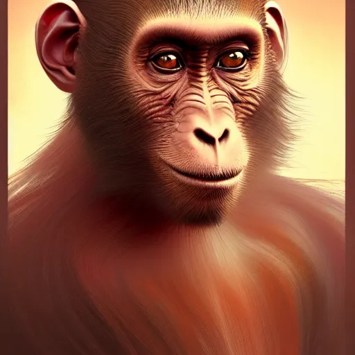 Image similar to portrait of a monkey with a humanoid face, male, handsome, masculine, full body, red hair, long hair, soft hair, fantasy, intricate, elegant, highly detailed, suit, coffee shop, digital painting, artstation, concept art, character art, smooth, sharp focus, illustration, art by artgerm and greg rutkowski and alphonse mucha